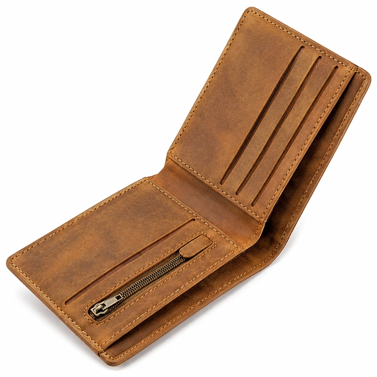 Portefeuille pliant 12 x 9.5 cm aspect cuir marron avec porte-cartes et poche zippée