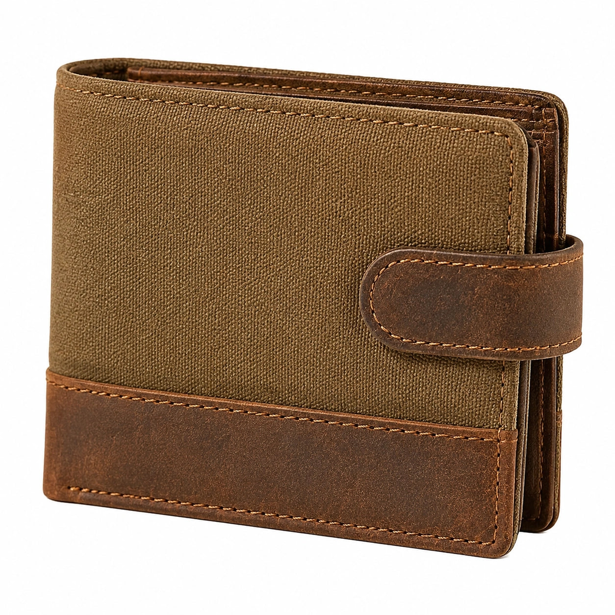 Portefeuille pliant 12 x 10 x 2 cm en textile kaki et brun avec fermeture pression
