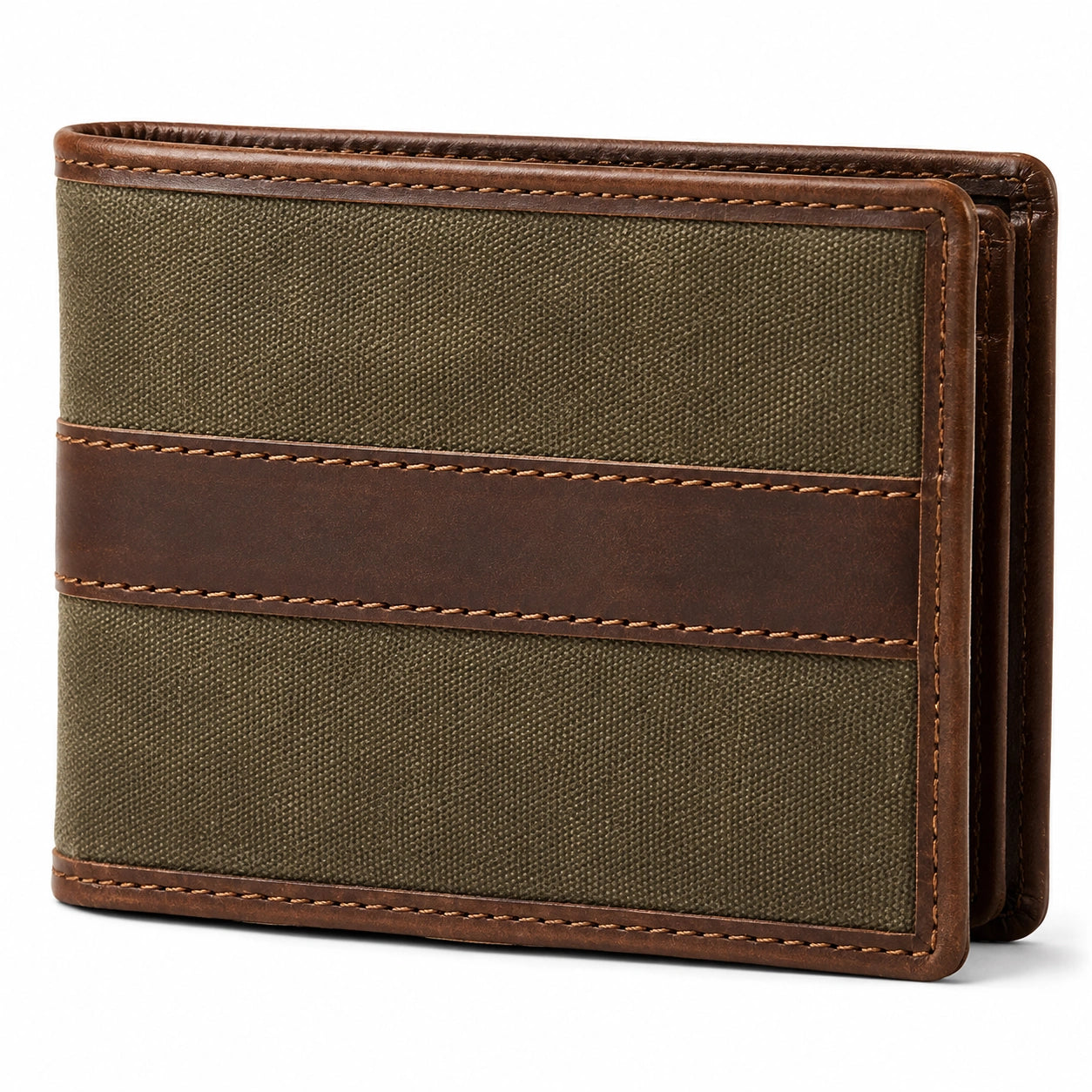 Portefeuille pliant 12 cm en toile et cuir brun vert style classique