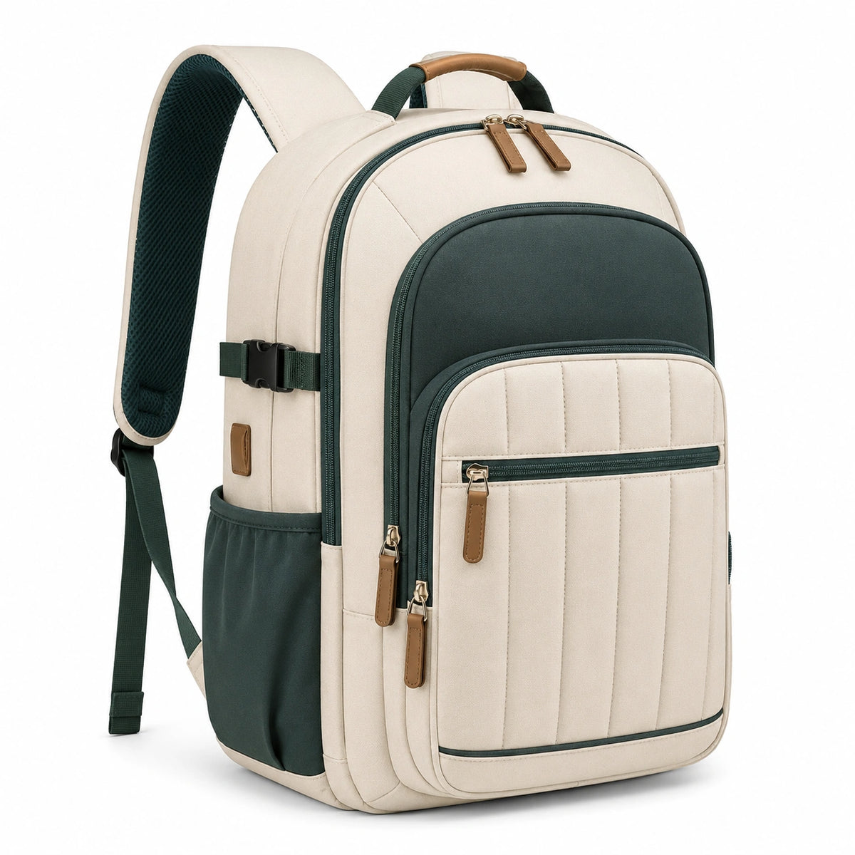 Sac à dos 45 x 30 x 18 cm en polyester beige vert à compartiments multiples style urbain