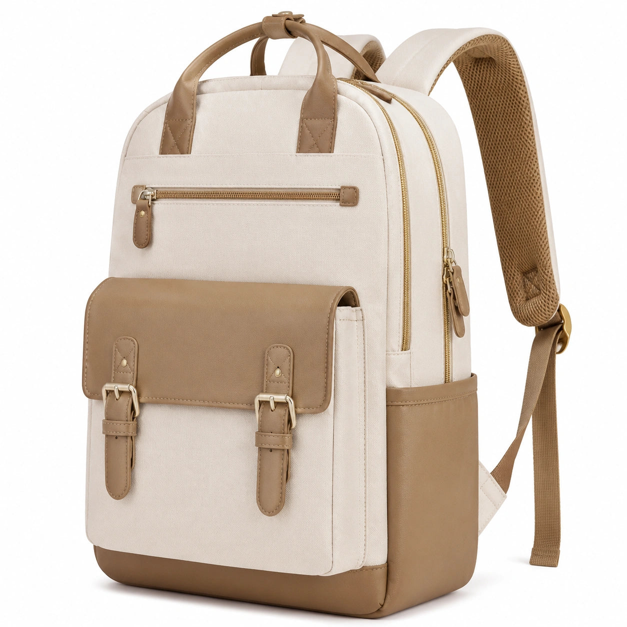 Sac à dos 40 cm en textile beige et marron avec compartiments zippés