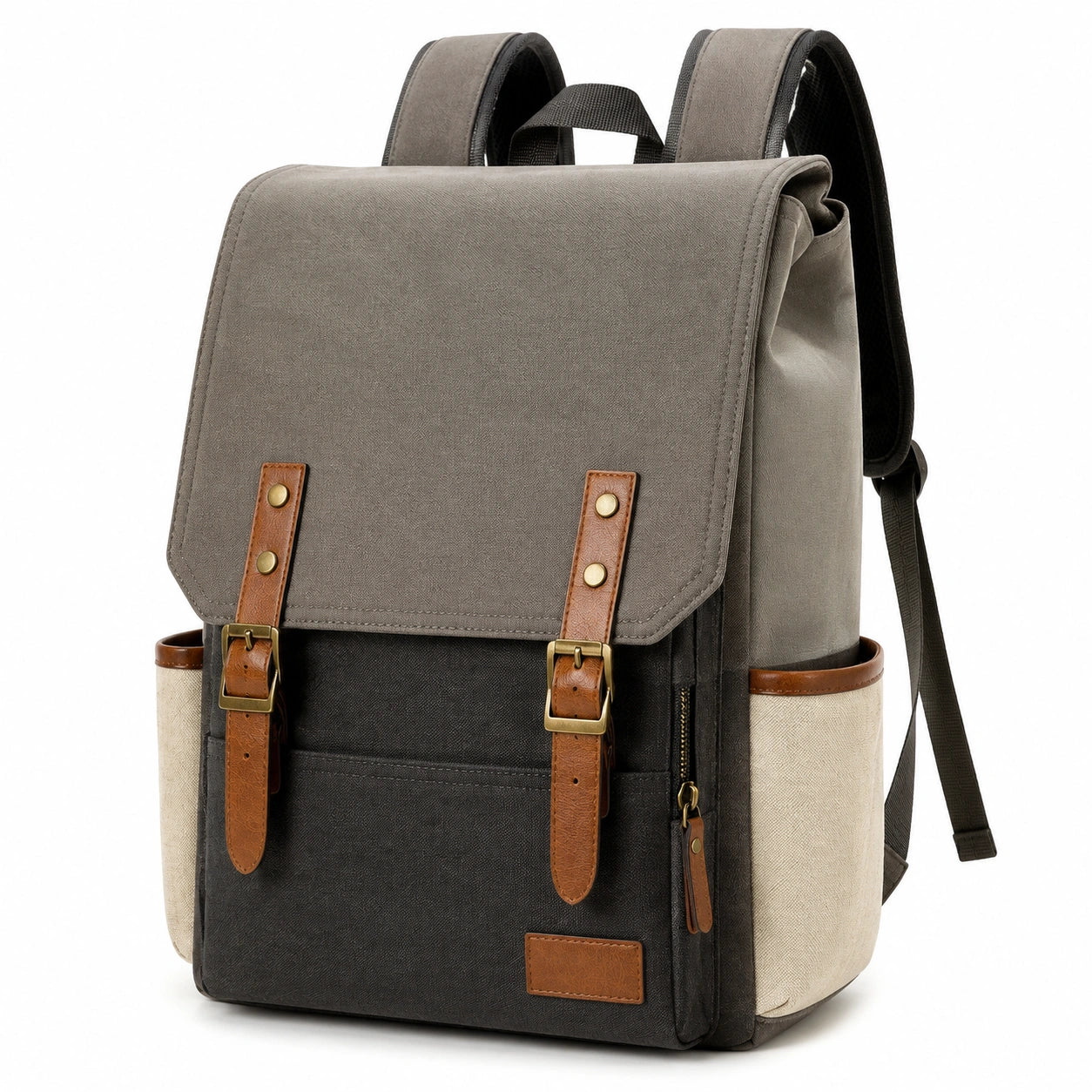 Sac à dos 30 x 14 x 42 cm en toile gris noir et beige avec rabat style urbain