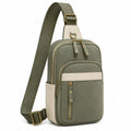Sac bandoulière 18 x 8 x 30 cm en similicuir vert kaki beige pour quotidien à poches zippées
