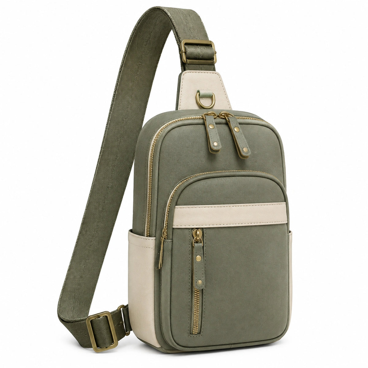 Sac bandoulière 18 x 8 x 30 cm en similicuir vert kaki beige pour quotidien à poches zippées