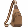 Sac bandoulière poitrine 17 x 7 x 30 cm en similicuir marron pour rangement urbain à double fermeture éclair