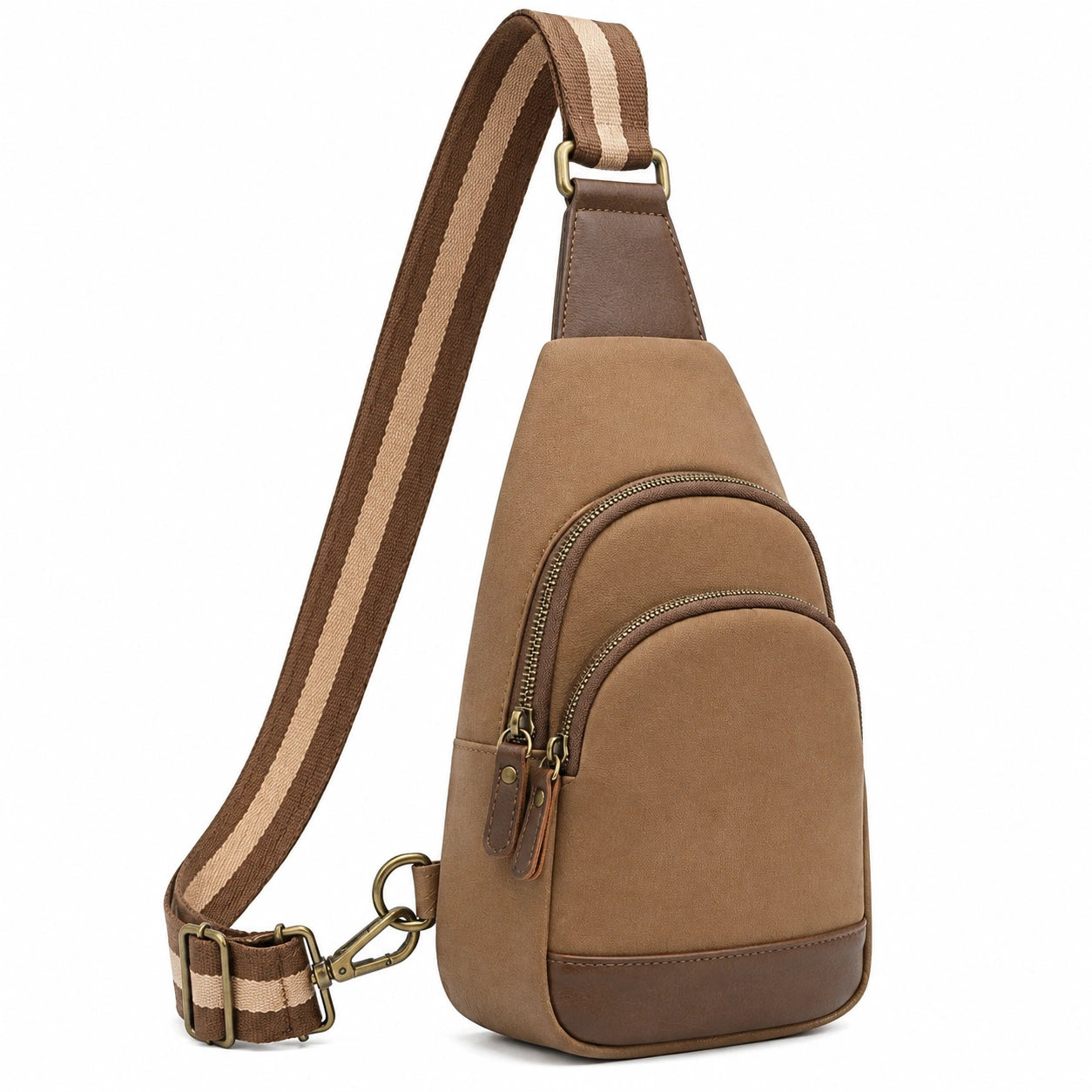 Sac bandoulière poitrine 17 x 7 x 30 cm en similicuir marron pour rangement urbain à double fermeture éclair