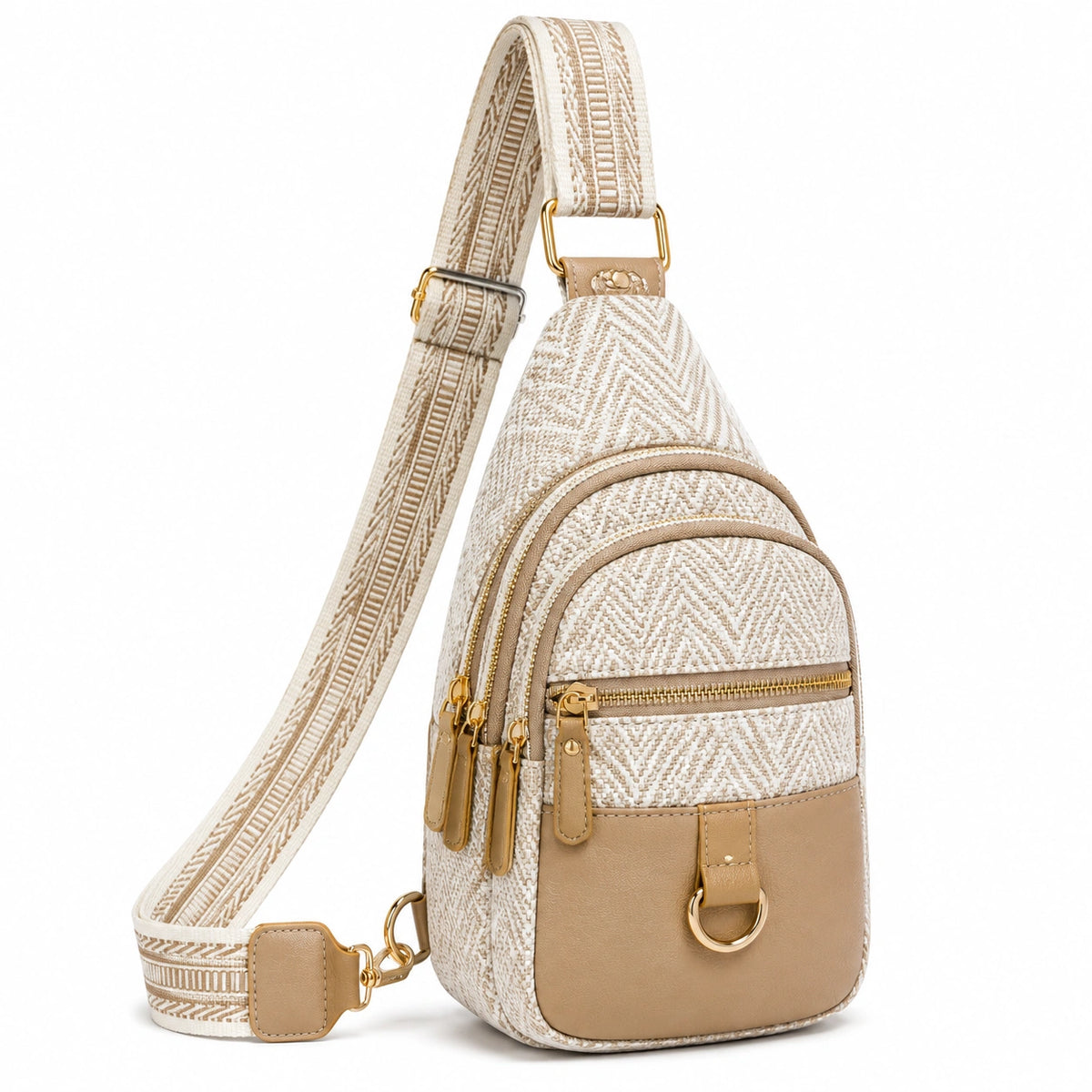 Sac bandoulière 18 x 8 x 30 cm en textile tissé beige avec similicuir style décontracté