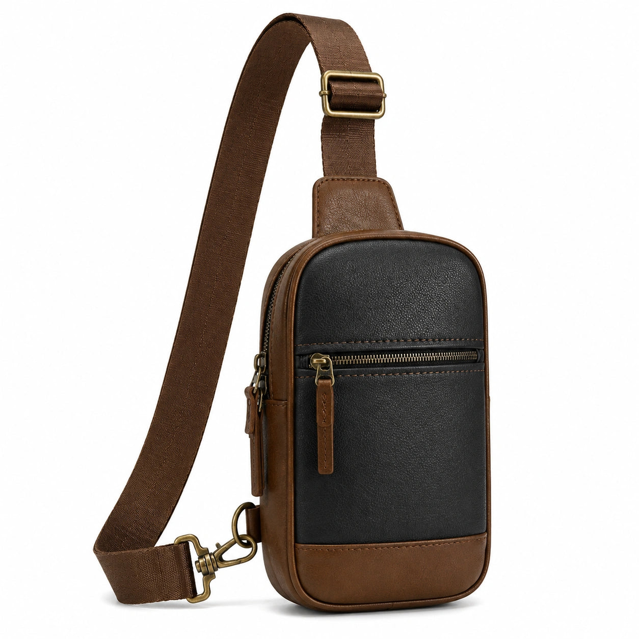 Sac bandoulière 18 x 7 x 32 cm en simili cuir noir et marron style urbain à poches zippées