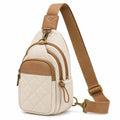 Sac bandoulière 18 x 8 x 30 cm en textile matelassé beige et marron avec sangle réglable