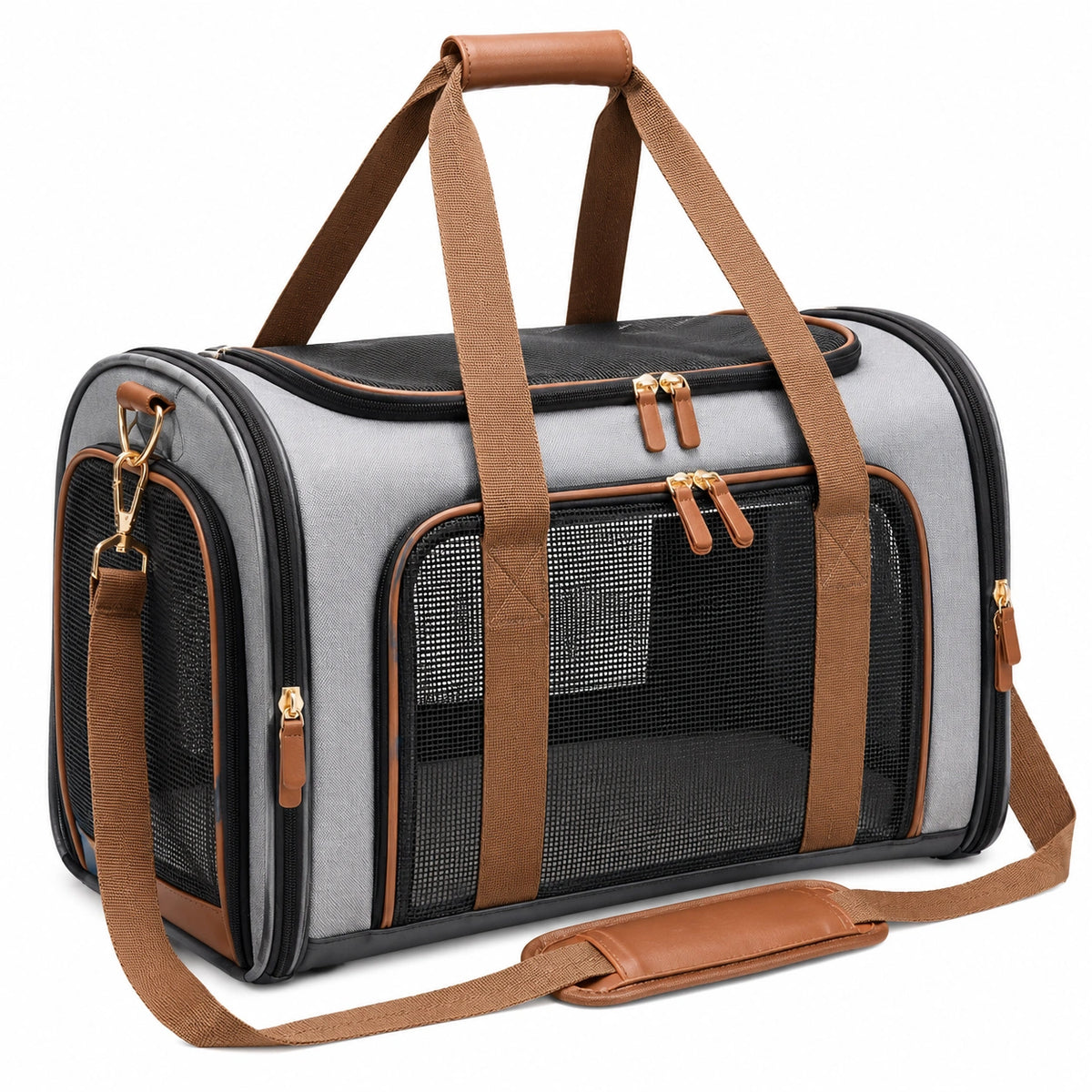 Sac de transport pour animaux 45 x 25 x 30 cm gris et marron en textile avec panneaux en maille