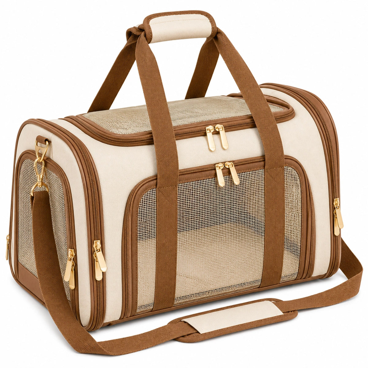 Sac de transport pour animaux 45 x 28 x 30 cm en textile beige et marron à panneaux en maille