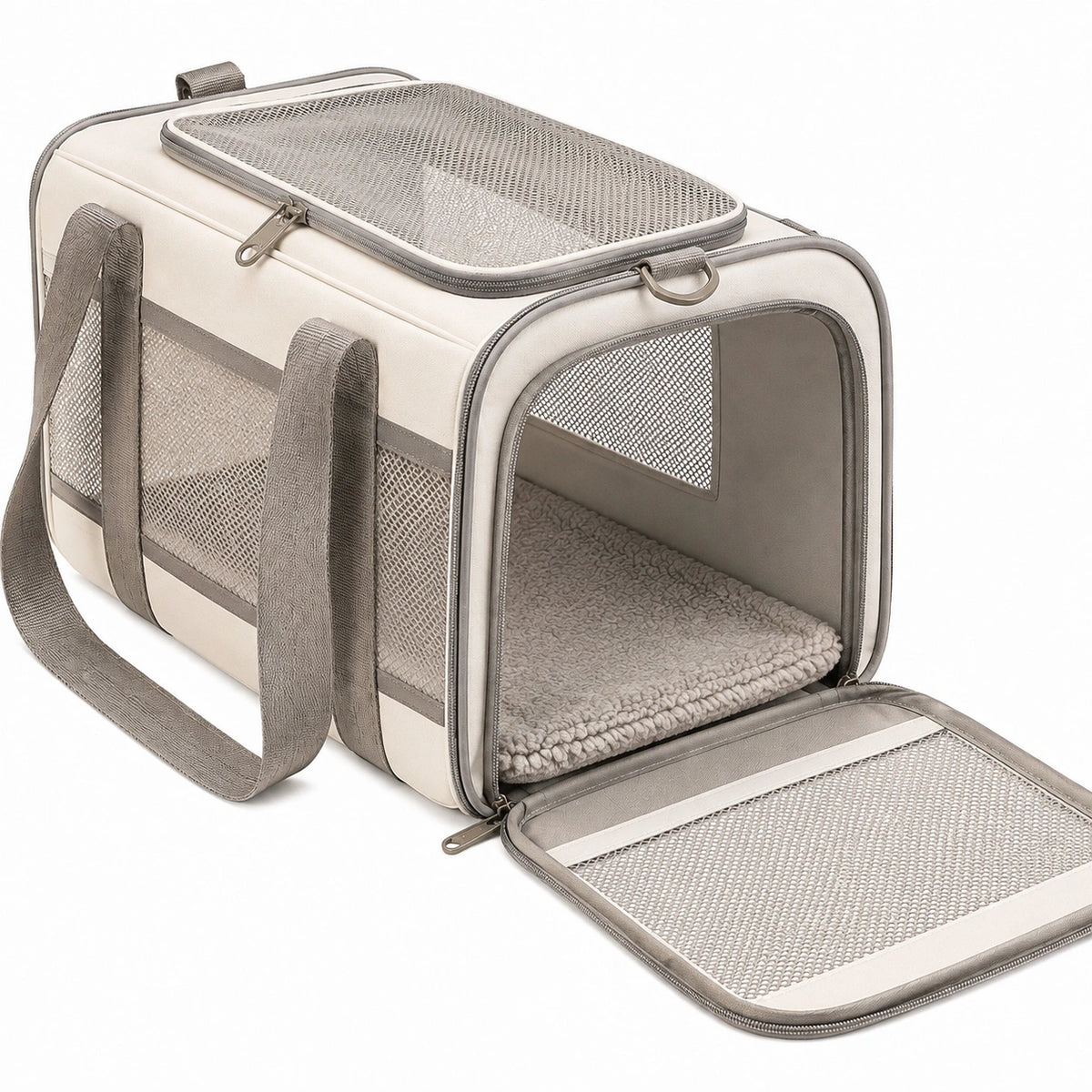 Sac de transport pour animaux 45 x 28 x 28 cm en tissu beige et gris avec panneaux en maille respirante