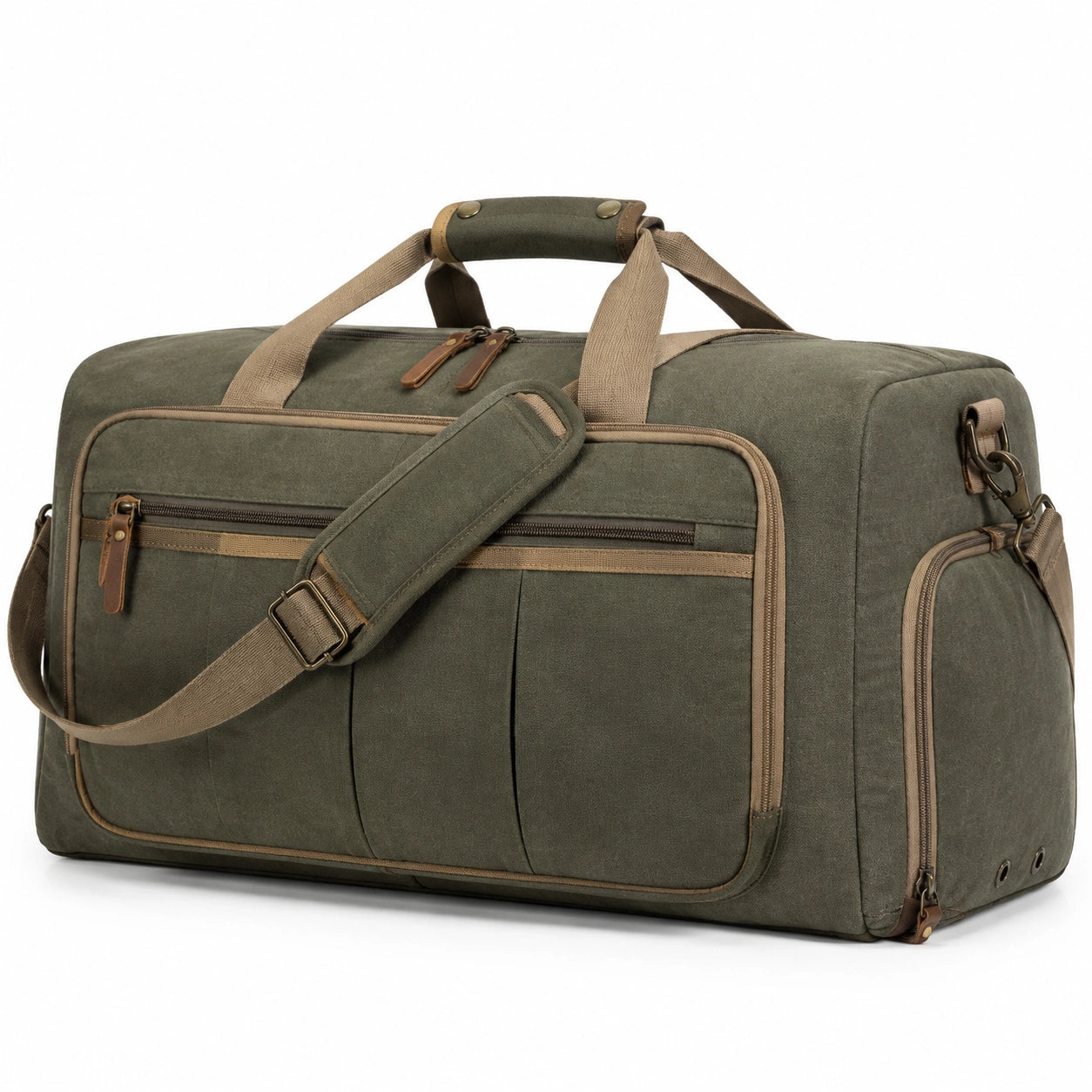 Sac de voyage 55 cm en textile vert kaki avec bandoulière réglable style vintage