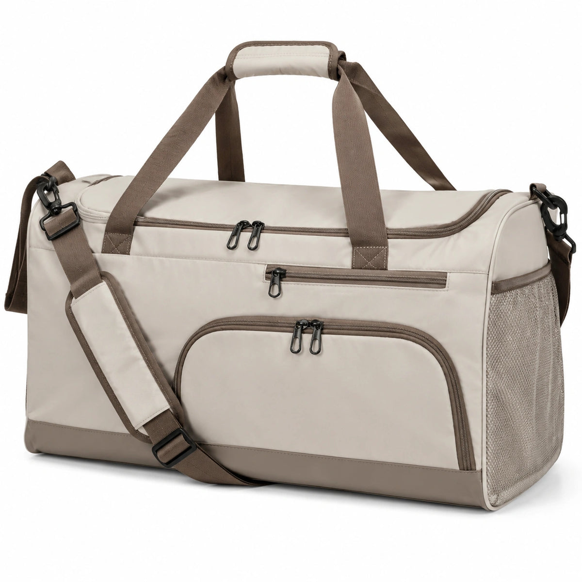 Sac de voyage 50 x 25 x 30 cm en textile beige et marron avec bandoulière réglable