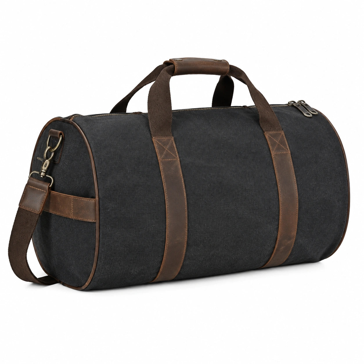Sac de voyage 50 cm en toile noire et cuir marron style week-end