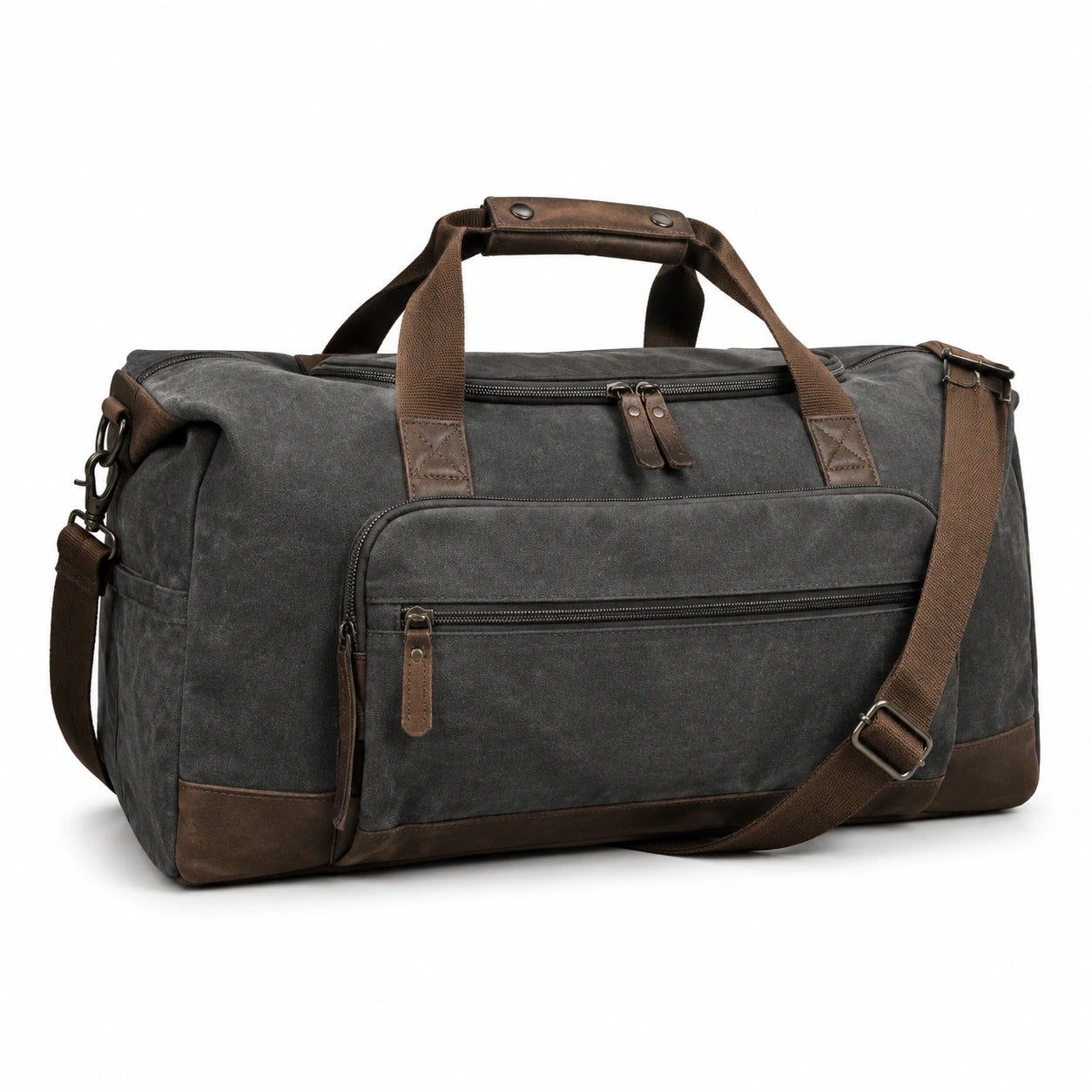 Sac de voyage 50 x 25 x 30 cm en toile gris anthracite et brun à bandoulière style vintage