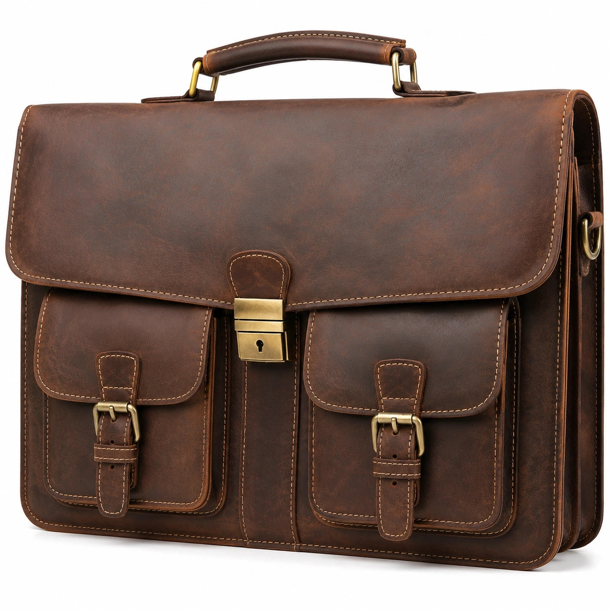 Sacoche porte-documents 40 cm en cuir marron avec poches frontales et fermoir