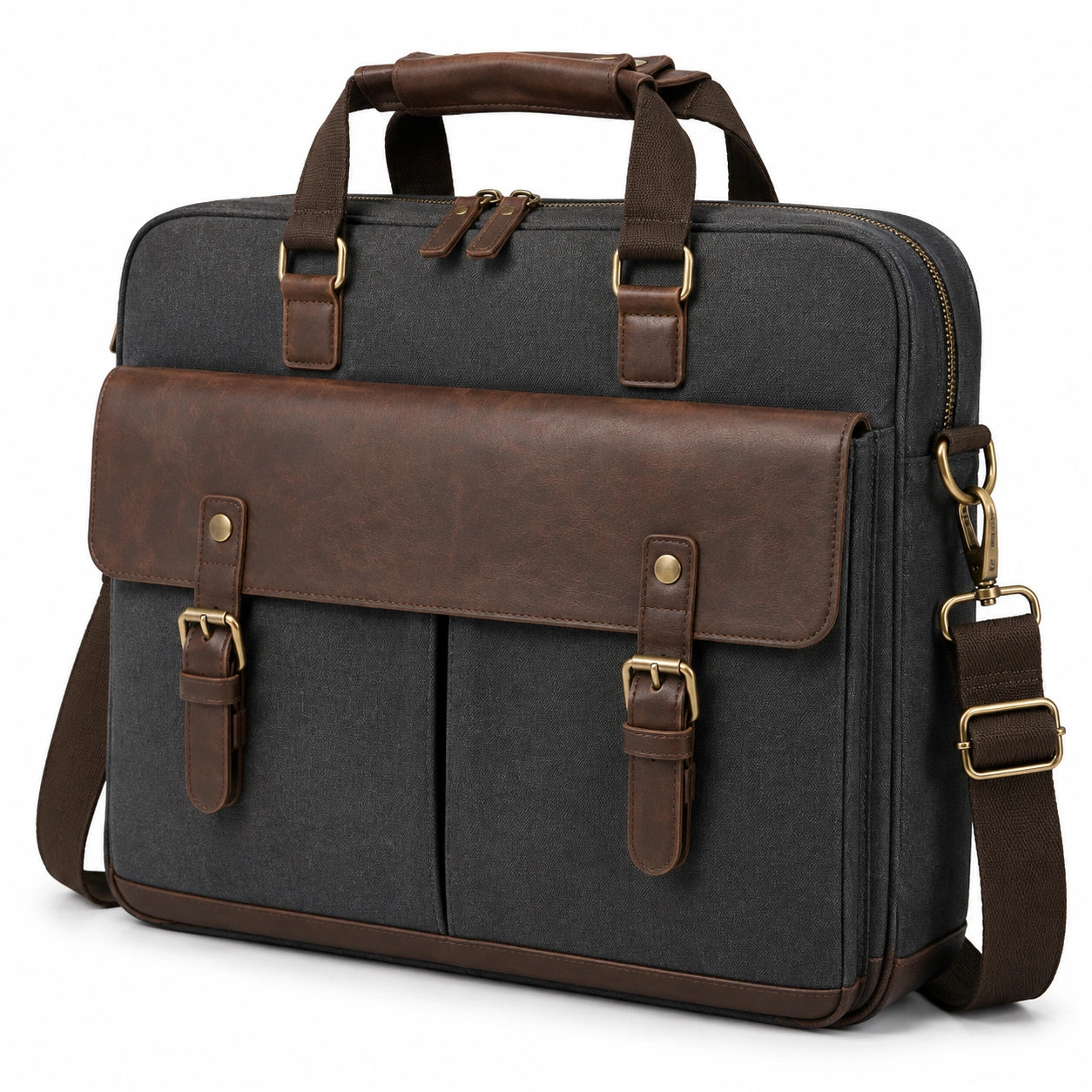 Sac pour ordinateur portable 42 cm en tissu noir et similicuir marron avec bandoulière réglable