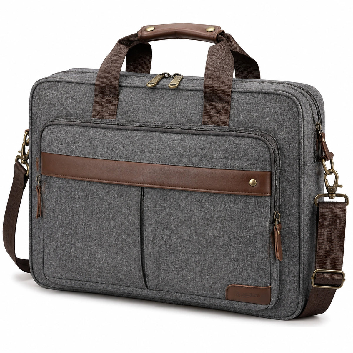 Sacoche ordinateur 42 x 10 x 32 cm en tissu synthétique gris avec similicuir marron pour travail style vintage à bandoulière