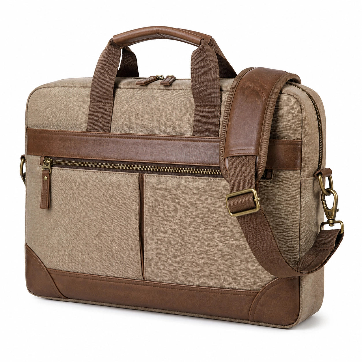 Sac ordinateur 40 x 30 x 10 cm en toile beige et simili cuir marron pour travail avec bandoulière réglable